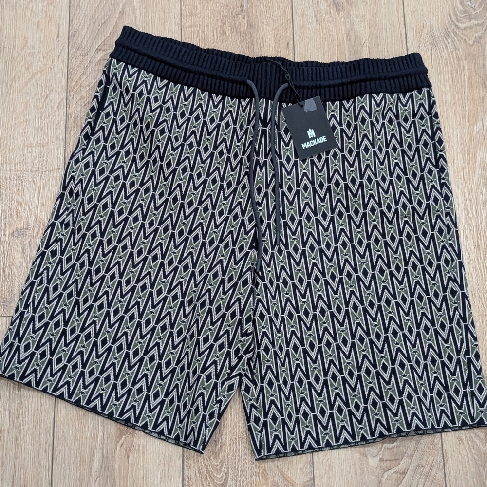 $550 Mens MACKAGE "Beecher" Jacquard Logo Shorts Navy XL